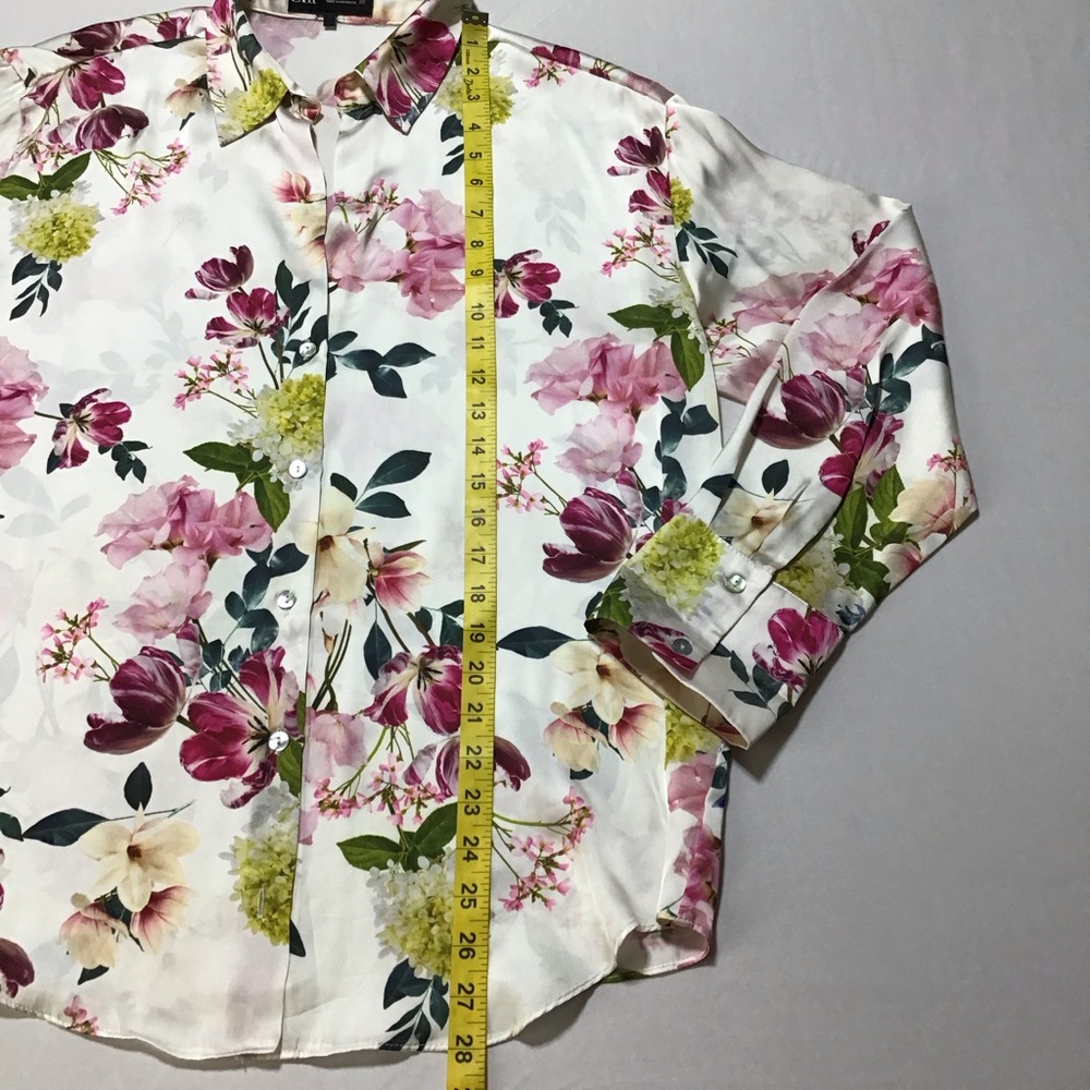 Zara Satin Floral Button Down Long Sleeve Blouse - Pink and Green - Picture 10 of 12
